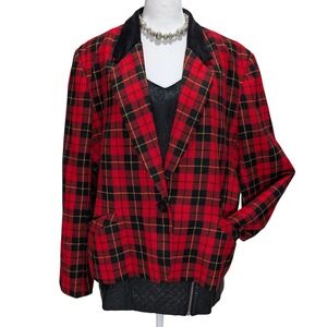 Alfred Dunner Red Black Plaid Tartan Blazer Velvet Collar Size‎ 16